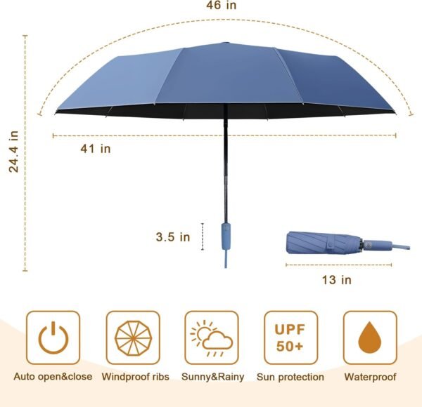 2-Pack Windproof, Waterproof, UV-Blocking Portable Travel Umbrella, Compact Sun & Rain Folding Umbrella, Double Rib Structure, Large Auto Open and Close Car Umbrella - Image 2