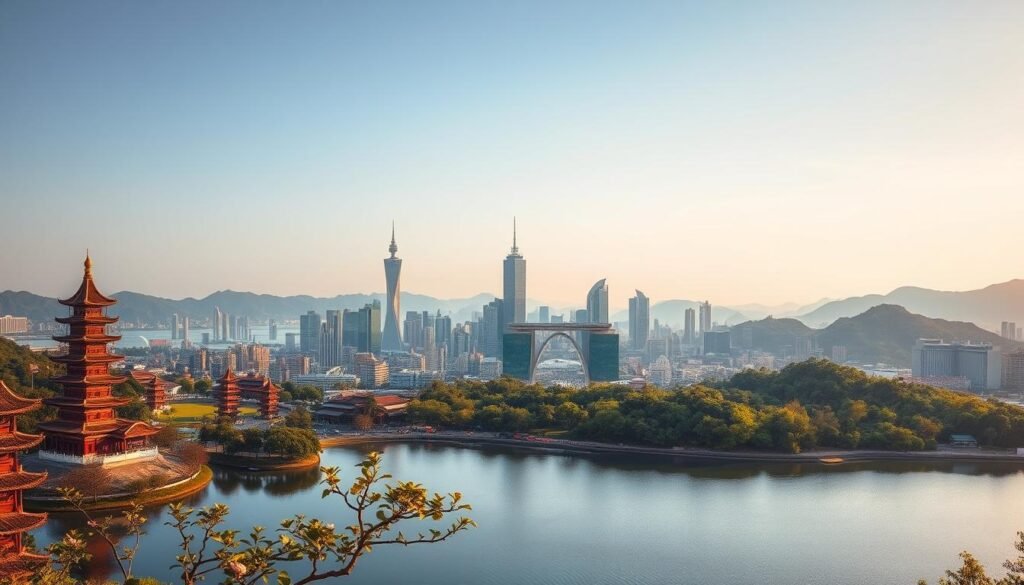 A panoramic cityscape of Kaohsiung, Taiwan's vibrant southern harbor city, bathed in warm golden hour light. In the foreground, the iconic Lotus Pond and its towering Dragon and Tiger Pagodas rise gracefully against a clear sky. In the middle ground, the distinctive skyline of Kaohsiung features modern skyscrapers and the distinctive Tuntex Sky Tower, all reflected in the calm waters of the harbor. In the background, lush green hills and mountains frame the scene, creating a harmonious blend of urban and natural elements. The overall atmosphere is one of tranquility and cultural richness, capturing the essence of Kaohsiung's allure as a must-visit destination in southern Taiwan. A panoramic cityscape of Kaohsiung, Taiwan's vibrant southern harbor city, bathed in warm golden hour light. In the foreground, the iconic Lotus Pond and its towering Dragon and Tiger Pagodas rise gracefully against a clear sky. In the middle ground, the distinctive skyline of Kaohsiung features modern skyscrapers and the distinctive Tuntex Sky Tower, all reflected in the calm waters of the harbor. In the background, lush green hills and mountains frame the scene, creating a harmonious blend of urban and natural elements. The overall atmosphere is one of tranquility and cultural richness, capturing the essence of Kaohsiung's allure as a must-visit destination in southern Taiwan.