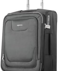 Amazon Basics 20-Inch Carry On Luggage, Softside Suitcase With TSA Lock, 8 Spinner Wheels, Front Exterior Pocket, 3 Interior Pockets For Dry and Damp Clothes/Towels Separately, Black