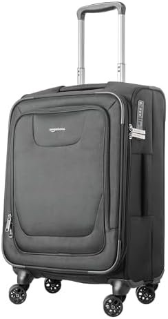 Amazon Basics 20-Inch Carry On Luggage, Softside Suitcase With TSA Lock, 8 Spinner Wheels, Front Exterior Pocket, 3 Interior Pockets For Dry and Damp Clothes/Towels Separately, Black