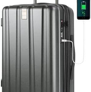 KROSER Hardside Expandable Carry On Luggage with Spinner Wheels & Built-in TSA Lock, Durable Suitcase Rolling Luggage with USB Port, Carry-On 20-Inch, Steel Grey