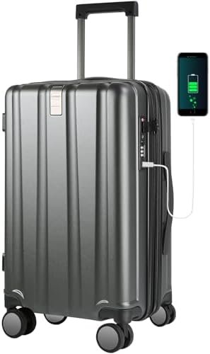 KROSER Hardside Expandable Carry On Luggage with Spinner Wheels & Built-in TSA Lock, Durable Suitcase Rolling Luggage with USB Port, Carry-On 20-Inch, Steel Grey