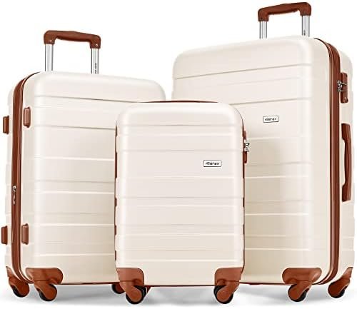 Merax 3 Pcs ABS Hardside Luggage Sets TSA Lock Spinner Wheel Suitcases, Pearly White, 20/24/28 Inch