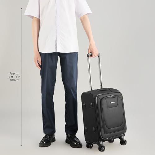 Amazon Basics 20-Inch Carry On Luggage, Softside Suitcase With TSA Lock, 8 Spinner Wheels, Front Exterior Pocket, 3 Interior Pockets For Dry and Damp Clothes/Towels Separately, Black - Image 7