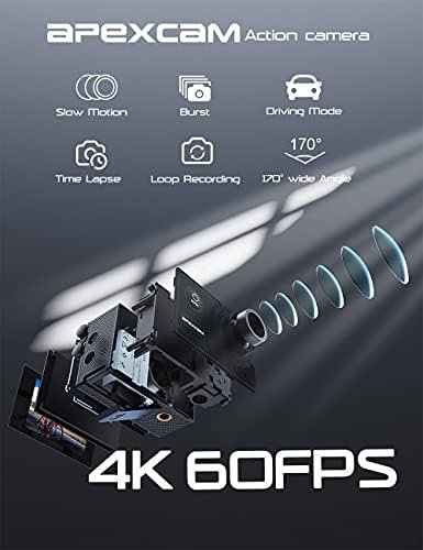 Apexcam 4K 60FPS Action Camera EIS Stabilization 20MP Sports Cam 40M Waterproof Underwater Camera 8X Zoom Support External Mic with Remote Control 2 x 1350mAh Rechargeable Batteries… - Image 2