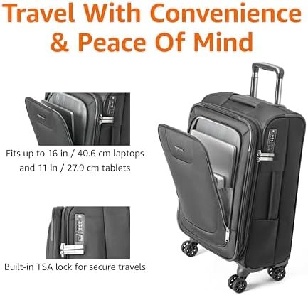 Amazon Basics 20-Inch Carry On Luggage, Softside Suitcase With TSA Lock, 8 Spinner Wheels, Front Exterior Pocket, 3 Interior Pockets For Dry and Damp Clothes/Towels Separately, Black - Image 4