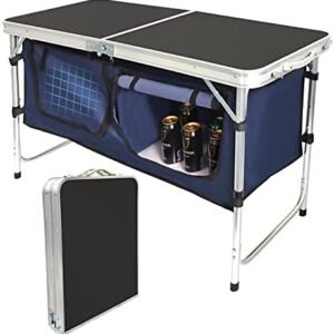 Folding Camping Table with Storage Compartment Aluminum Lightweight Camp Kitchen Table Height Adjustable Indoor/Outdoor Table Perfect for Tailgating, Backyards, BBQ,Picnic, Black