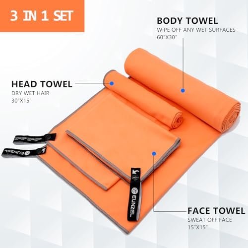 Eunzel Quick Dry Camping Towel, Microfiber Travel Towel 3 Size at 1 Pack,Fast Drying Towel Set for Camping, Beach, Gym, Sports, Yoga & Swimming Pool, Orange - Image 2