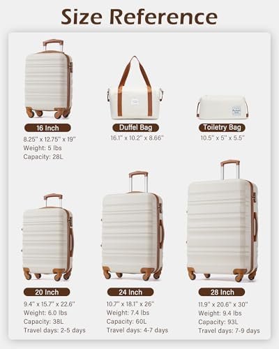 LONG VACATION 6 Piece Luggage Set Carry on Suitcase with ABS+PC hardshell, Spinner Wheels & YKK Zipper TSA Lock (WHITE-BROWN, 6 piece set) - Image 7