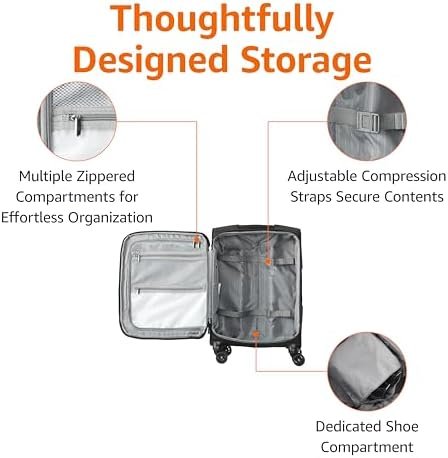 Amazon Basics 20-Inch Carry On Luggage, Softside Suitcase With TSA Lock, 8 Spinner Wheels, Front Exterior Pocket, 3 Interior Pockets For Dry and Damp Clothes/Towels Separately, Black - Image 3