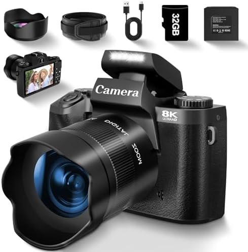 8K Digital Camera for Photography, Vlogging Camera for YouTube with Autofocus, 4 Inch Touchscreen 16X Digital Zoom Video Camera with 3000mAh Battery, Dual-Lens, Lens Hood, 32GB TF Card and Flash,Black