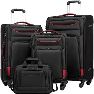 Coolife Luggage 4 Piece Set Suitcase TSA Lock Spinner Softshell lightweight (black+red)