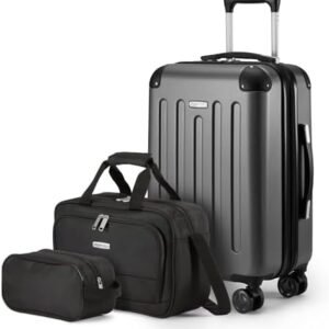 Amazon Basics 3-Piece Luggage Set, Including Carry-On Luggage (22" Expandable Hardside Suitcase With 8 Spinner Wheels), 15" Tote Bag, and 10" Compact Travel Bag, Black