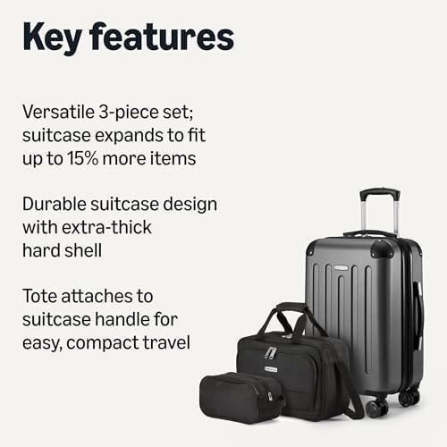 Amazon Basics 3-Piece Luggage Set, Including Carry-On Luggage (22" Expandable Hardside Suitcase With 8 Spinner Wheels), 15" Tote Bag, and 10" Compact Travel Bag, Black - Image 2