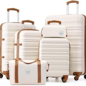 LONG VACATION 6 Piece Luggage Set Carry on Suitcase with ABS+PC hardshell, Spinner Wheels & YKK Zipper TSA Lock (WHITE-BROWN, 6 piece set)