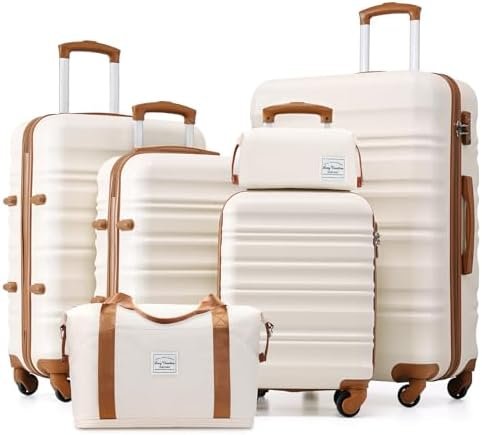 LONG VACATION 6 Piece Luggage Set Carry on Suitcase with ABS+PC hardshell, Spinner Wheels & YKK Zipper TSA Lock (WHITE-BROWN, 6 piece set)