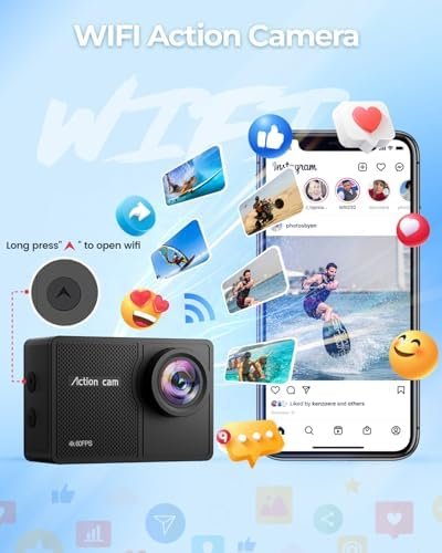 4K 60FPS Action Camara - Waterproof Camera with 64G SD Card 48MP HD WIFI Camera with EIS 40M Underwater Camera Wide Angle Sports Camera with 2*1350 mAh Batteries Helmet Mount Accessories Kits - Image 5