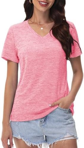 MAGCOMSEN Workout Tops for Women UPF 50+ Quick Dry Short Sleeve Sun Protection V-Neck Shirts Lightweight Hiking T Shirts