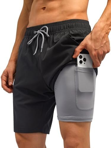 SILKWORLD Mens Swim Trunks Quick Dry Bathing Suit Board Swimming Shorts with Zipper Pockets and Compression Liner