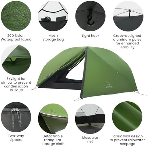 ATEPA Ultralight Backpacking Tent, 2 Person 1 Person Nylon Lightweight 4000MM+ Waterproof Windproof Portable Tent with Aluminum Frame & Rainfly for Backpacking Hiking Camping Motorcycle, 4 Season - Image 5