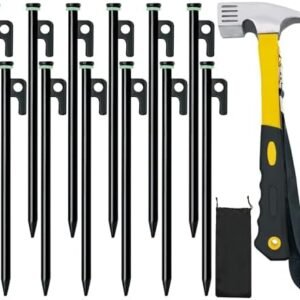 Tent Stake with Hammer, 12-Pack 12in Heavy Duty Tent Stakes + 10in Tent Stakes Hammer+Storage Pouch, Forged Steel Tent Stakes for Camping Used on Rocks, Grassland(12Pcs 12in Tent Stakes and Hammer)