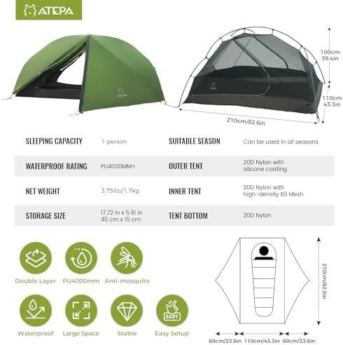 ATEPA Ultralight Backpacking Tent, 2 Person 1 Person Nylon Lightweight 4000MM+ Waterproof Windproof Portable Tent with Aluminum Frame & Rainfly for Backpacking Hiking Camping Motorcycle, 4 Season - Image 2