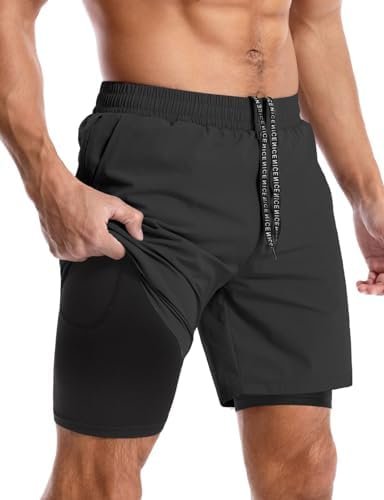 Aolesy Men’s 2 in 1 Running Shorts -5''/7'' Quick Dry Workout Gym Shorts with Pockets, Tennis Training Athletic Shorts