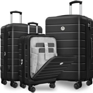 Classic 3-Piece Luggage Set Lightweight Hardside Suitcase TSA Lock Spinner Wheels, 20" Expandable Carry-On Luggage with Quick Access Front Open Pocket for Travel Business, 20/24/28 inch, Black