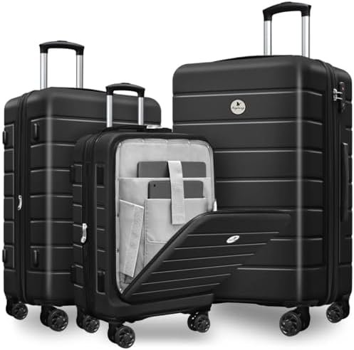 Classic 3-Piece Luggage Set Lightweight Hardside Suitcase TSA Lock Spinner Wheels, 20" Expandable Carry-On Luggage with Quick Access Front Open Pocket for Travel Business, 20/24/28 inch, Black