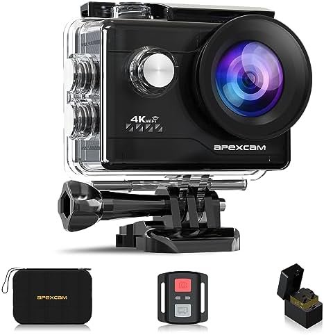 Apexcam Action Camera 4K Sports Cameras 20MP 40M 170°Wide-Angle WiFi Waterproof Underwater Camera with 2.4G Remote Control 2 Batteries 2.0'' LCD Ultra HD Camera with Mounting Accessories Kit