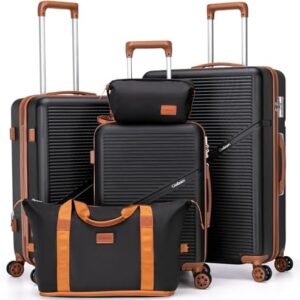 5 Piece Luggage Sets with Spinner Wheels, Hardshell ABS Suitcase Set with Tsa Lock, Lightweight Hardside Waterproof Travel Suitcases for Men Women, Black