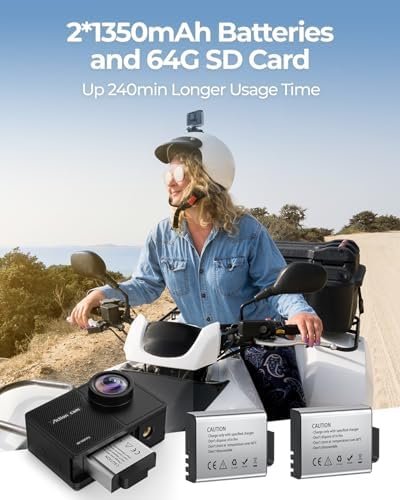 4K 60FPS Action Camara - Waterproof Camera with 64G SD Card 48MP HD WIFI Camera with EIS 40M Underwater Camera Wide Angle Sports Camera with 2*1350 mAh Batteries Helmet Mount Accessories Kits - Image 4