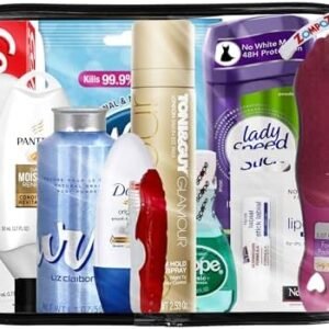 Womens Travel Toiletry Kit, 13 Travel-Size Hygiene Essentials for Bath, Shaving, Personal Care in TSA-Compliant Transparent Bag, Mini Toiletries Kit for Business, Charity, Gift for Her