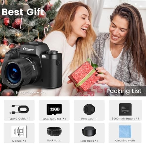 8K Digital Camera for Photography, Vlogging Camera for YouTube with Autofocus, 4 Inch Touchscreen 16X Digital Zoom Video Camera with 3000mAh Battery, Dual-Lens, Lens Hood, 32GB TF Card and Flash,Black - Image 9