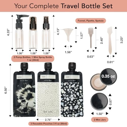 Kitsch 11 PCS Travel Bottles for Toiletries – Travel Essentials Kit for Shampoo, Conditioner, Lotion & More - TSA Approved Travel Bottles, Leak-Proof Refillable Travel Size Containers - Black & Ivory - Image 2