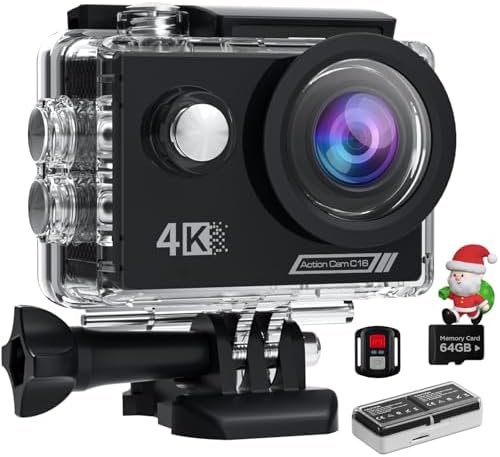 4K 30FPS Action Camera with 64GB SD Card - Waterproof up to 40M, 20MP Sports Camera, 170° Wide Angle, WiFi, Remote Control, Mounting Kit - Ideal for Outdoor Adventures, Diving/Extreme Sports