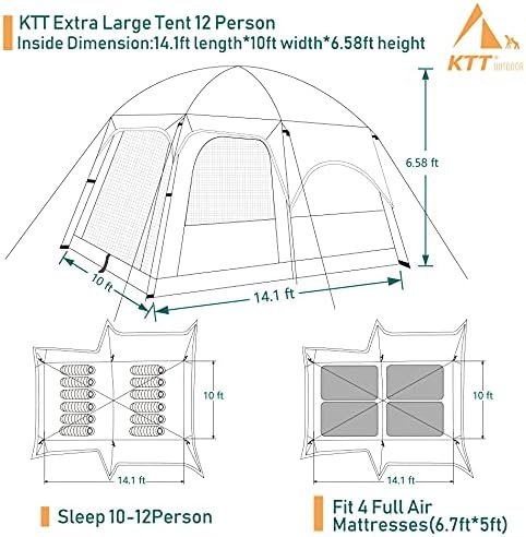 KTT Extra Large Tent 10-12-14 Person(Style-B),Family Cabin Tents,2 Rooms,3 Doors and 3 Windows with Mesh,Straight Wall,Waterproof,Double Layer,Big Tent for Outdoor,Picnic,Camping,Family Gathering - Image 8