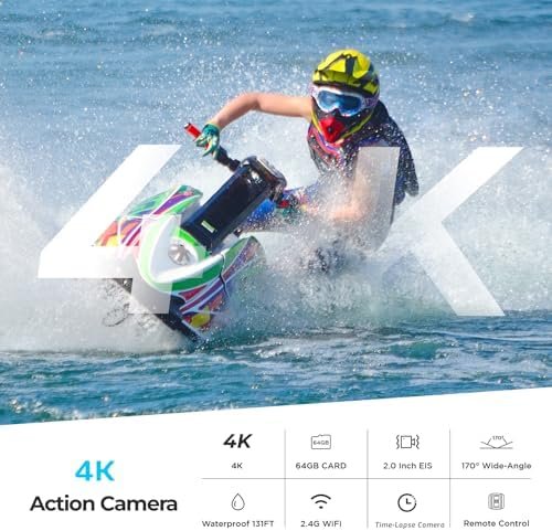 4K 30FPS Action Camera with 64GB SD Card - Waterproof up to 40M, 20MP Sports Camera, 170° Wide Angle, WiFi, Remote Control, Mounting Kit - Ideal for Outdoor Adventures, Diving/Extreme Sports - Image 2