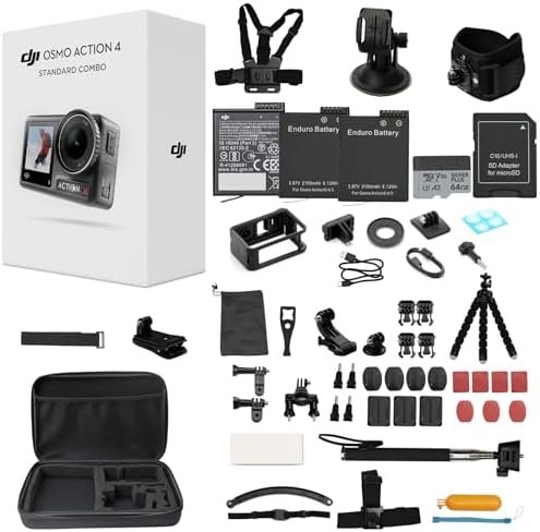 DJI Osmo Action 4 Standard Combo with 50 Piece Accessory Kit + 2 Extra Batteries + 64GB Card, 4K/120fps Waterproof Action Camera with a 1/1.3-Inch Sensor, Long-Lasting 160 Mins, Outdoor Camera