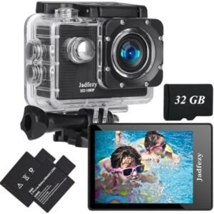 Action Camera FHD 1080P with 32GB Card, 98FT/30M Underwater Waterproof Camera with 2 Rechargeable Batteries, Wide Angle Sports cam with Accessories Kit Suitable for Helmet, Bicycle, etc.