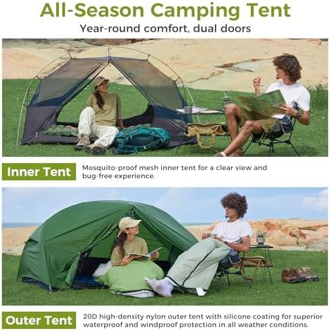 ATEPA Ultralight Backpacking Tent, 2 Person 1 Person Nylon Lightweight 4000MM+ Waterproof Windproof Portable Tent with Aluminum Frame & Rainfly for Backpacking Hiking Camping Motorcycle, 4 Season - Image 3