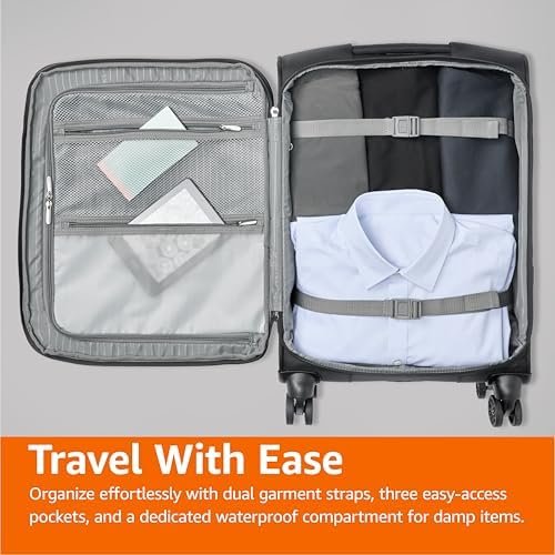 Amazon Basics 20-Inch Carry On Luggage, Softside Suitcase With TSA Lock, 8 Spinner Wheels, Front Exterior Pocket, 3 Interior Pockets For Dry and Damp Clothes/Towels Separately, Black - Image 8