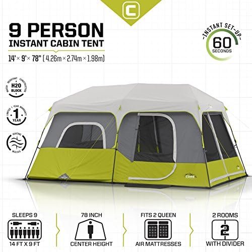 Core 9 Person Instant Cabin Tent - 14' x 9', Green (40008) - Image 4