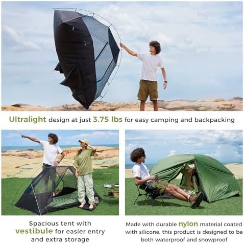 ATEPA Ultralight Backpacking Tent, 2 Person 1 Person Nylon Lightweight 4000MM+ Waterproof Windproof Portable Tent with Aluminum Frame & Rainfly for Backpacking Hiking Camping Motorcycle, 4 Season - Image 6