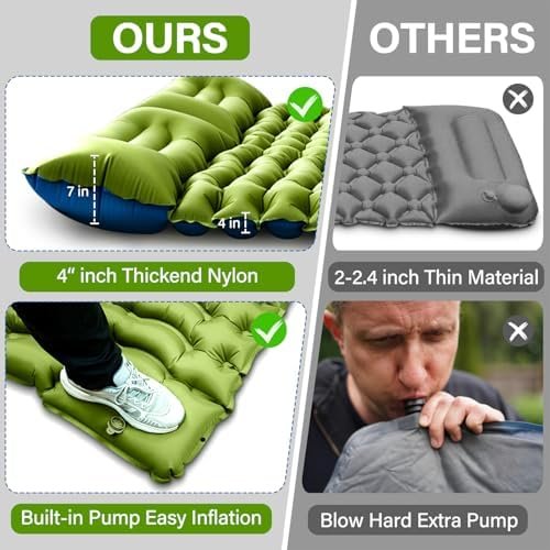Double Sleeping Pad - Self Inflating 4" Extra-Thick for 2 Person with Pillow Built-in Foot Pump Inflatable Sleeping Mat for Backpacking, Hiking, Traveling, Tent, Portable Camping Mat - Image 5