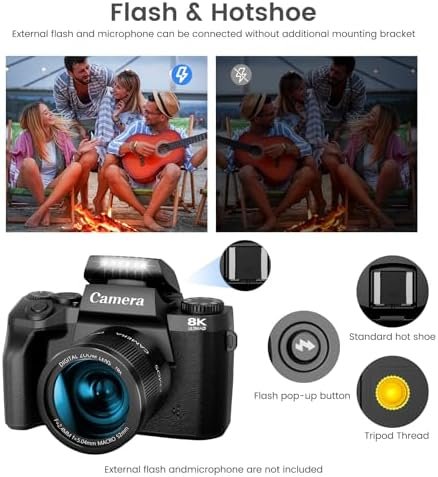 8K Digital Camera for Photography, Vlogging Camera for YouTube with Autofocus, 4 Inch Touchscreen 16X Digital Zoom Video Camera with 3000mAh Battery, Dual-Lens, Lens Hood, 32GB TF Card and Flash,Black - Image 7