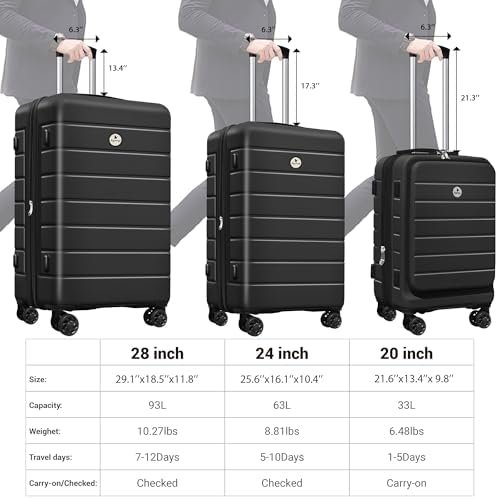 Classic 3-Piece Luggage Set Lightweight Hardside Suitcase TSA Lock Spinner Wheels, 20" Expandable Carry-On Luggage with Quick Access Front Open Pocket for Travel Business, 20/24/28 inch, Black - Image 2