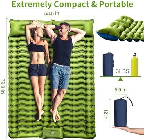Double Sleeping Pad - Self Inflating 4" Extra-Thick for 2 Person with Pillow Built-in Foot Pump Inflatable Sleeping Mat for Backpacking, Hiking, Traveling, Tent, Portable Camping Mat - Image 2
