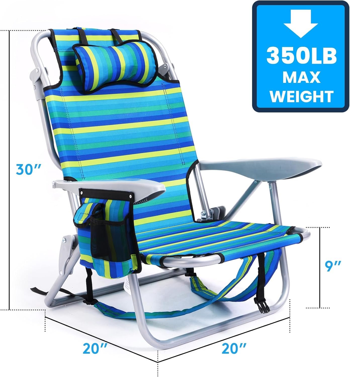 2 Pack Lightweight Portable Camping Beach Chair for Adults, Outdoor Lay Flat Folding Beach Chairs with 5 Positions, Backpack Beach Chair with Towel Bar, Zipper Pouch, Cup Holder, Ocean Striped - Image 3