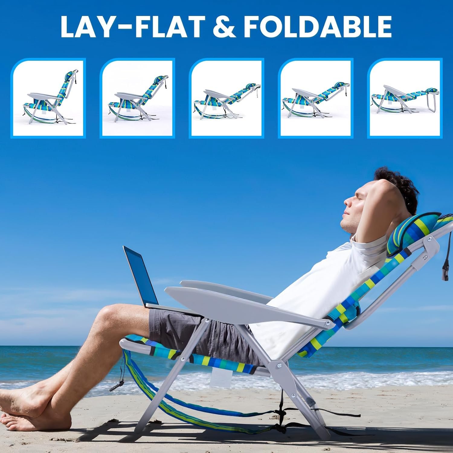 2 Pack Lightweight Portable Camping Beach Chair for Adults, Outdoor Lay Flat Folding Beach Chairs with 5 Positions, Backpack Beach Chair with Towel Bar, Zipper Pouch, Cup Holder, Ocean Striped - Image 5